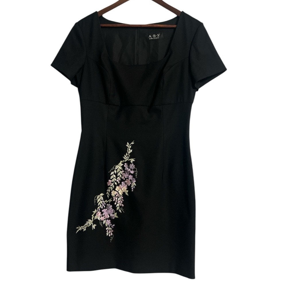 A.B.S. Allen Schwartz Black Floral Embroidered Dress Size 12 Classic Gabardine